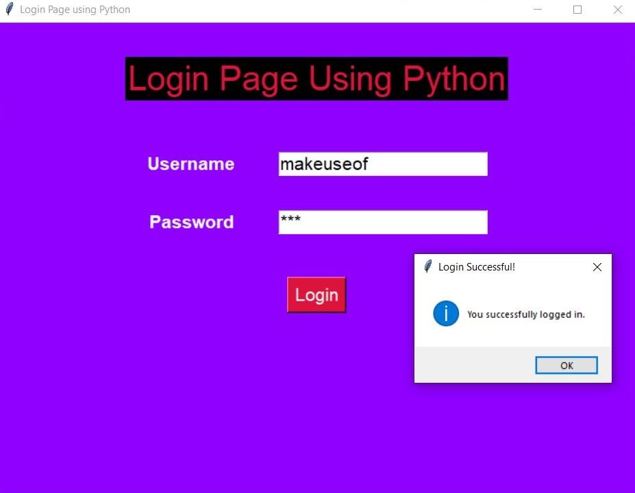 The output of a simple login app showing success
