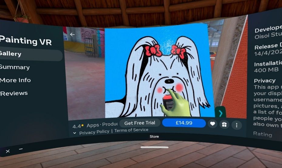 Trang ứng dụng Vẽ tranh VR trong Oculus Sore