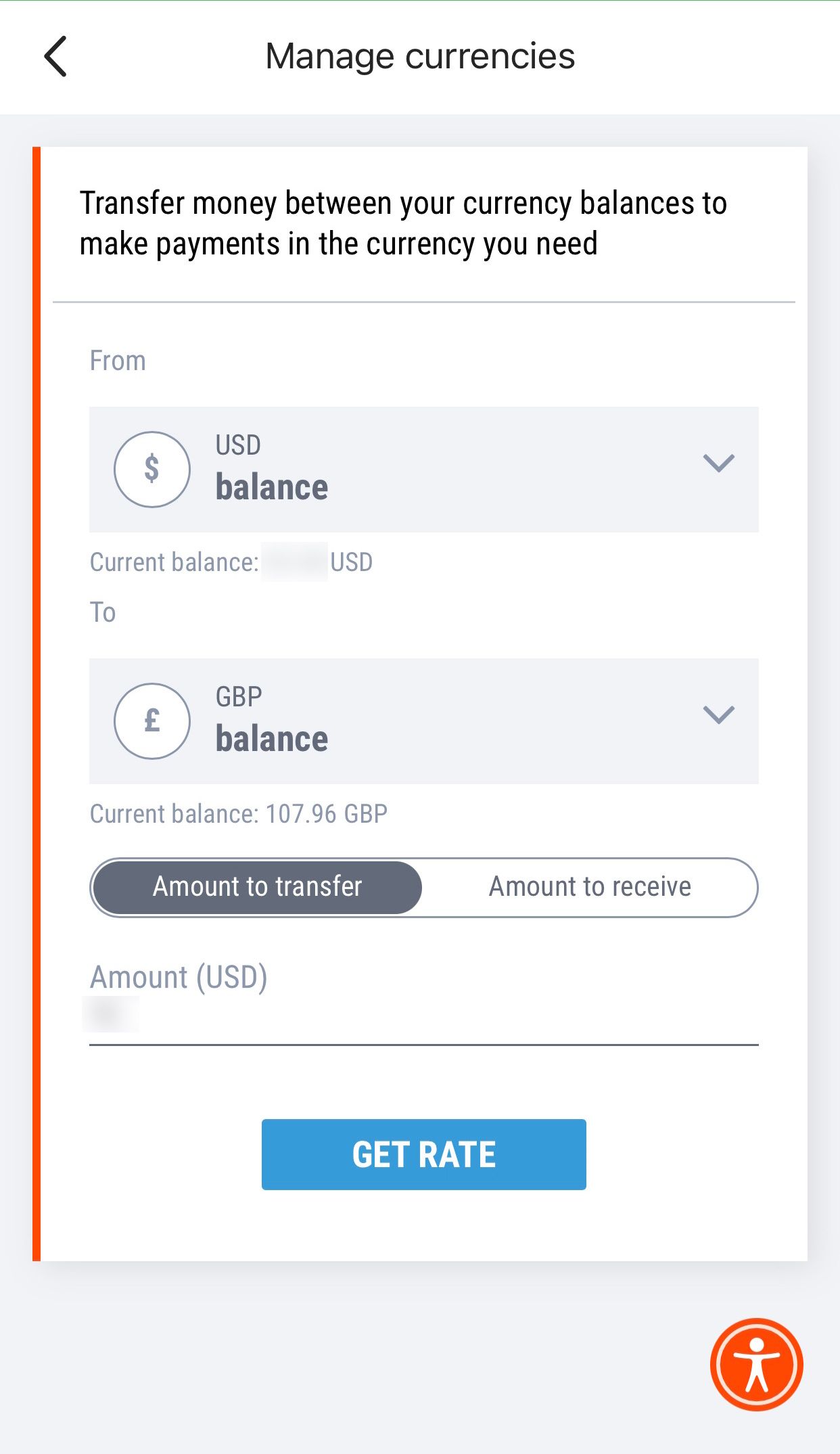 choosing balances on the Payoneer app when transfering funds from one balance to another