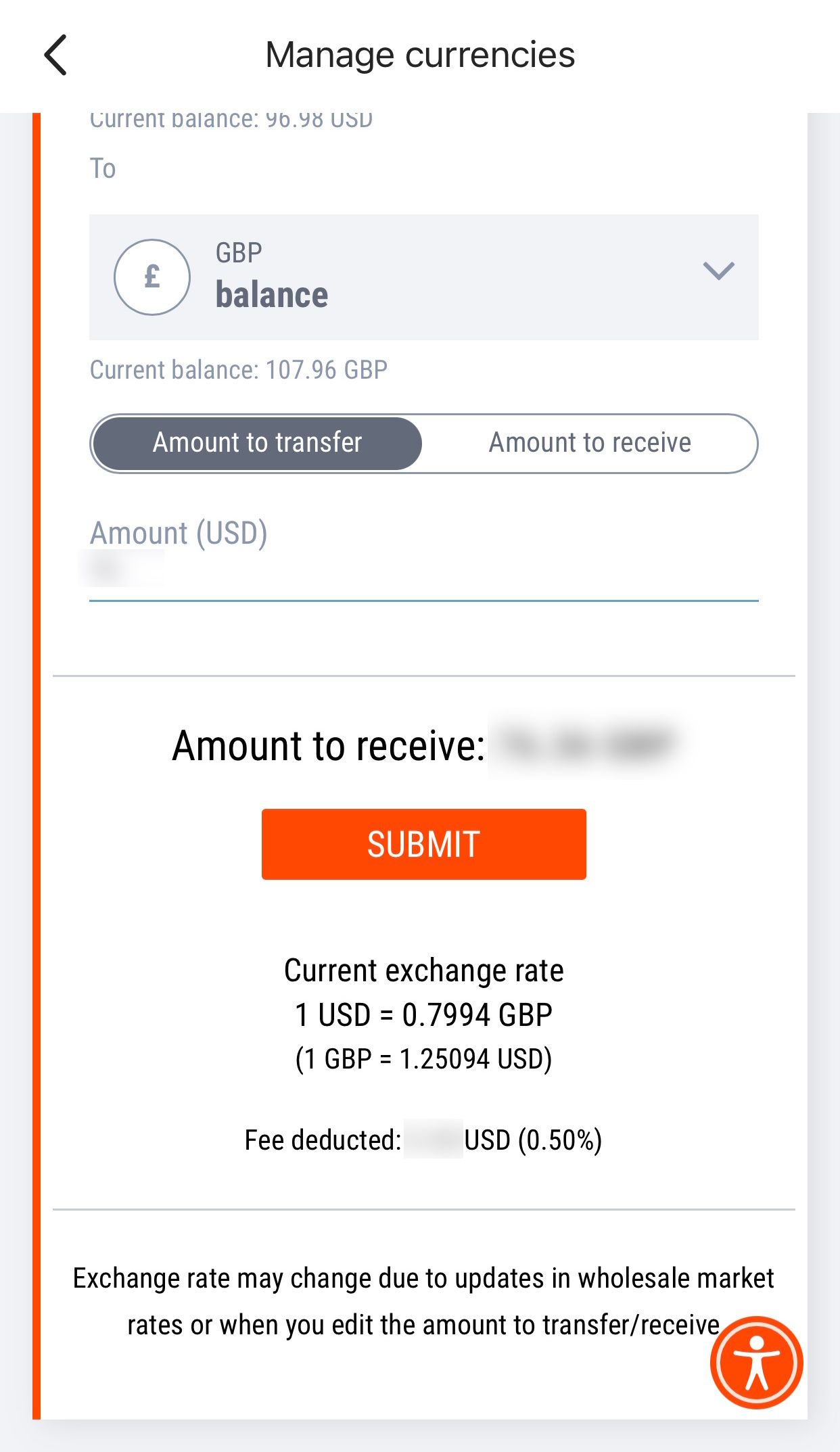 reviewing the balance transfer information on the Manage Currencies page on the Payoneer app
