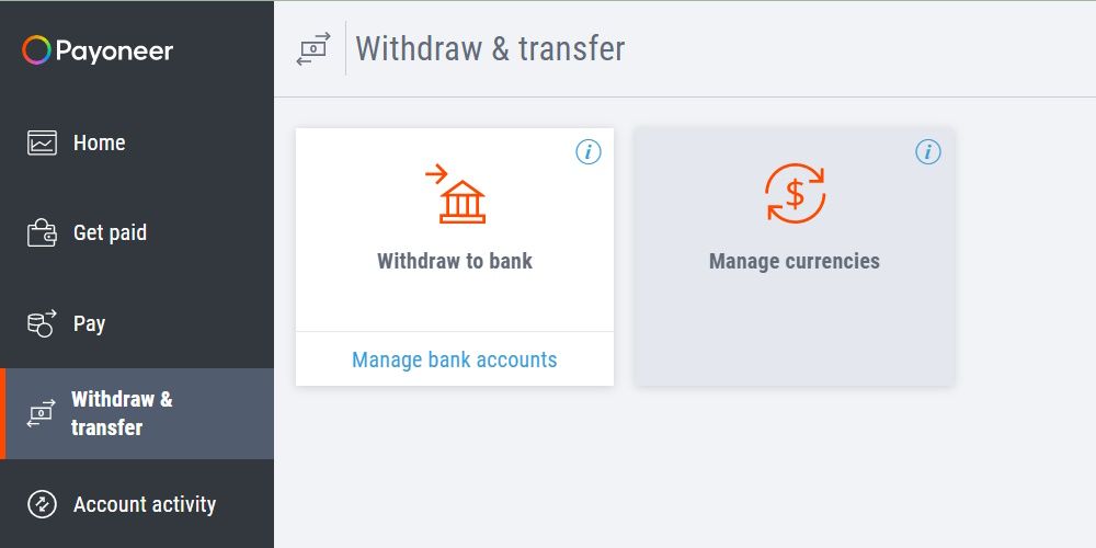 the Withdraw and transfer page on the Payoneer website