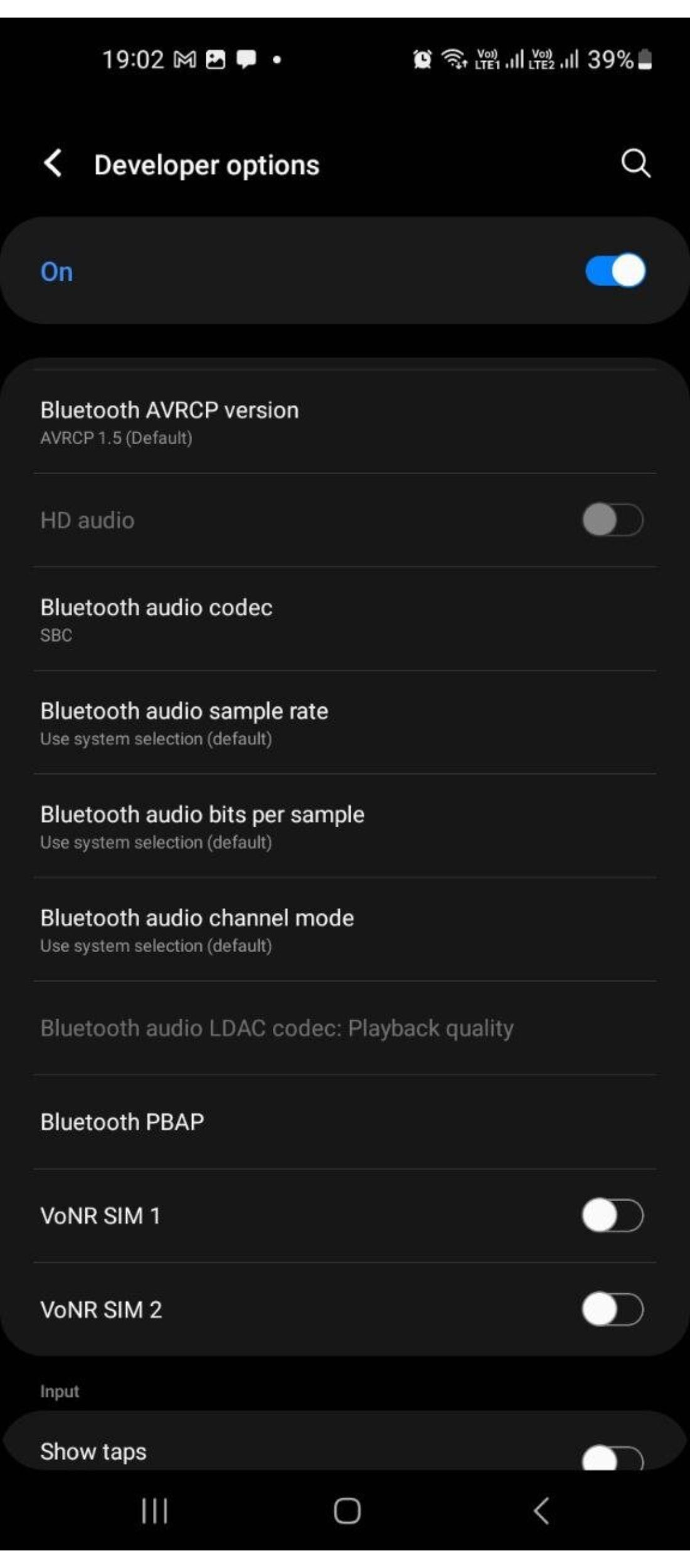 Bluetooth codec settings in Samsung Galaxy