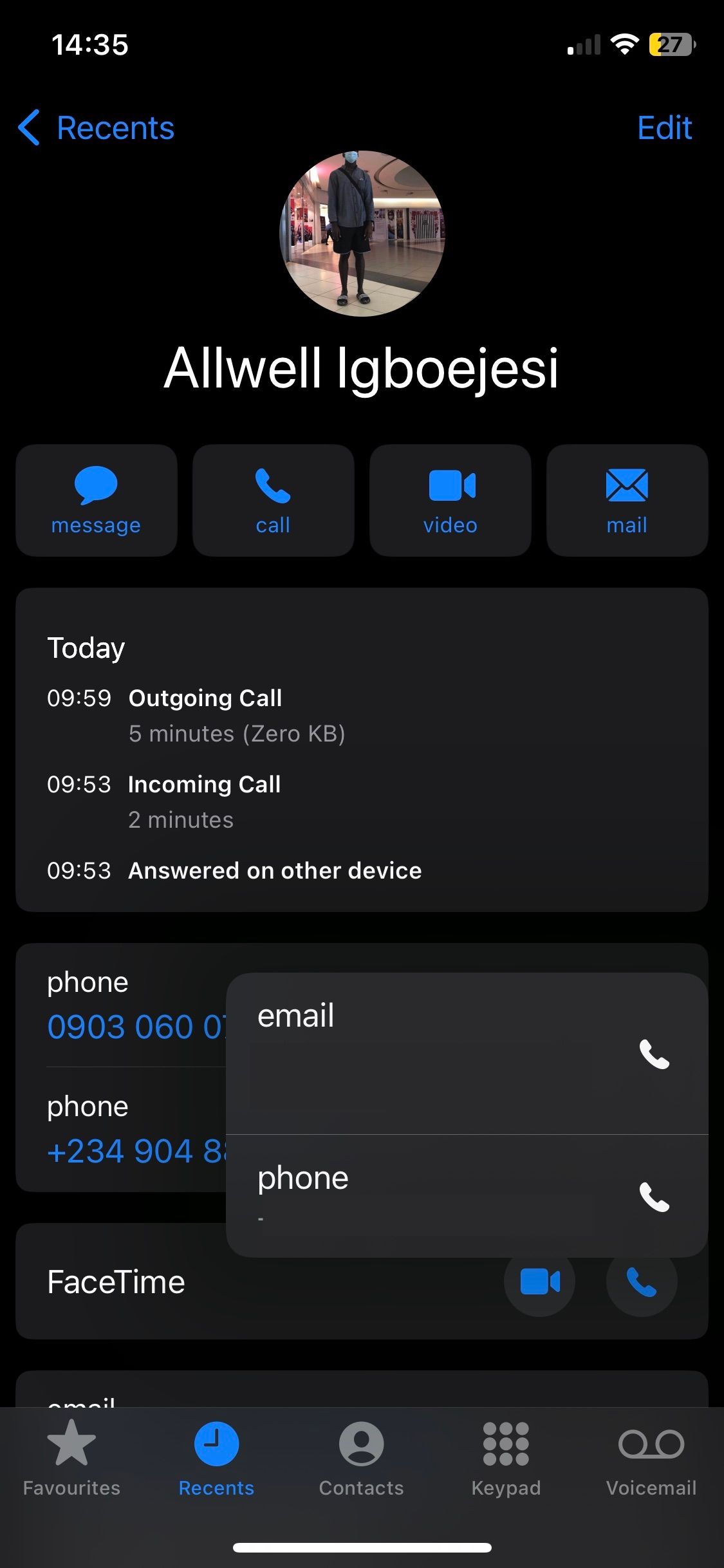 برقراری تماس FaceTime از منوی تماس آیفون