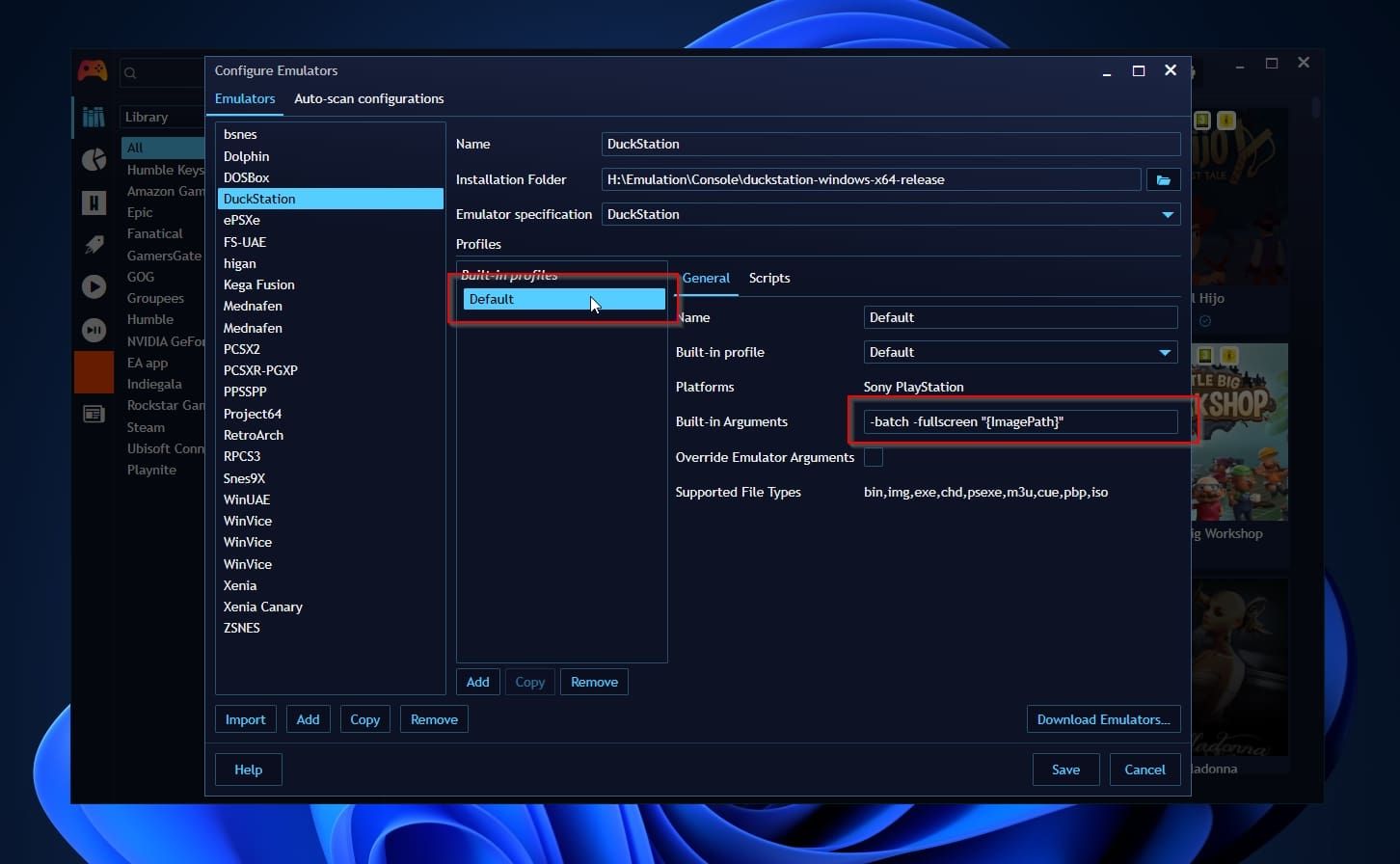 Playnite Configure Emulators Duckstation Default Profile Arguments