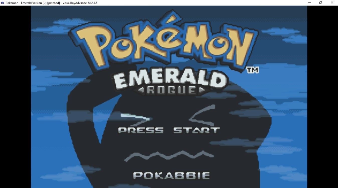 A screenshot of the title screen for Pokemon Emerald Rogue running through Visual Boy Advance 