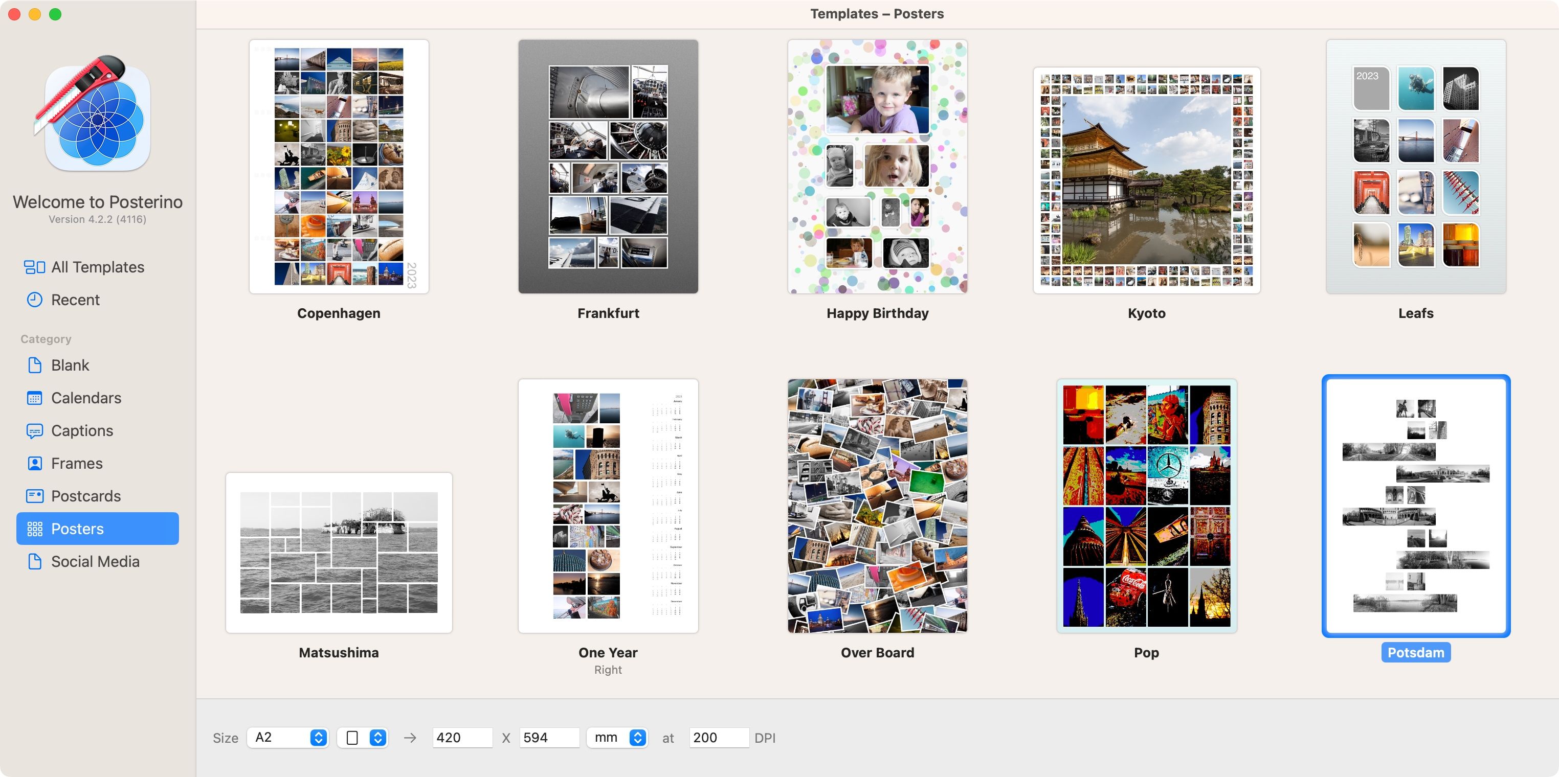 Browsing collage templates in Posterino for Mac