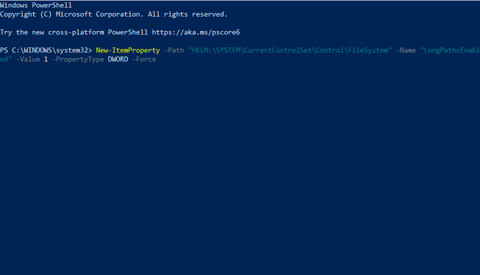 The disable long paths PowerShell commands 