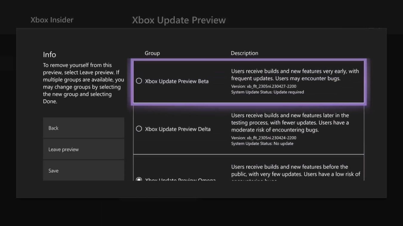 A screenshot of the Xbox Insider Update Preview tiers publically available on Xbox Series X 