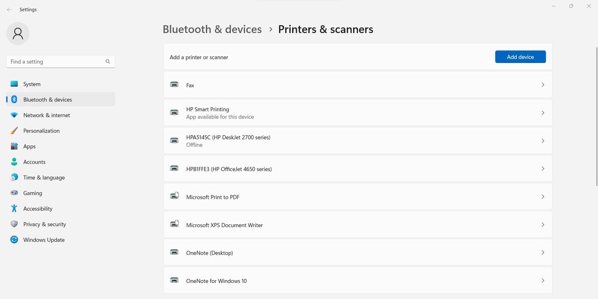 The Windows Printers & Scanners page.