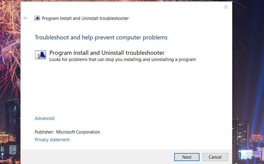 The Program Install and Uninstall troubleshooter window