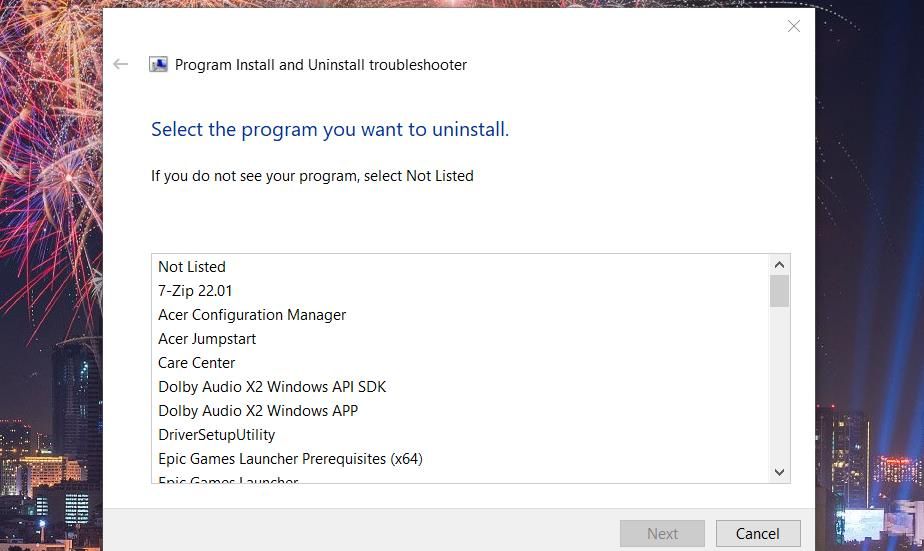 The Program Install and Uninstall troubleshooter