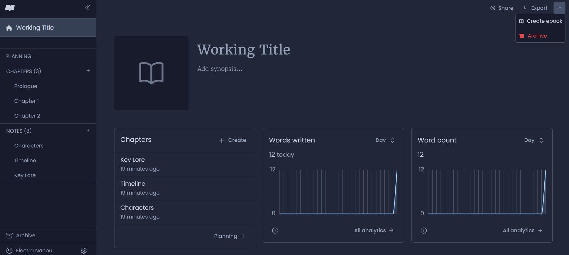 Project Dashboard on Novlr Book Writing App