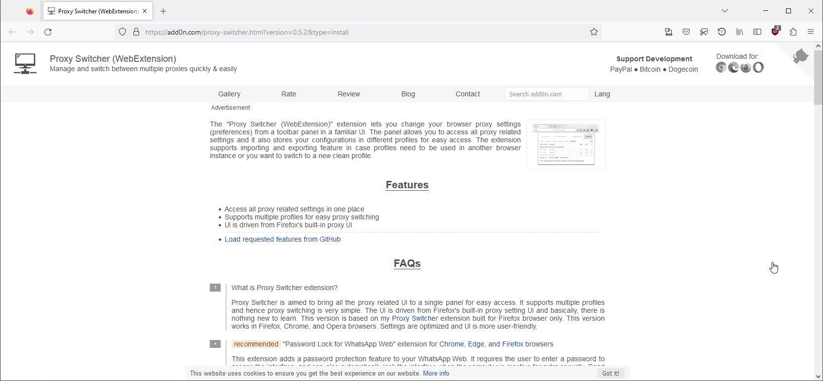 A Screenshot of the Proxy Switcher and Manager Firefox Add on in Use