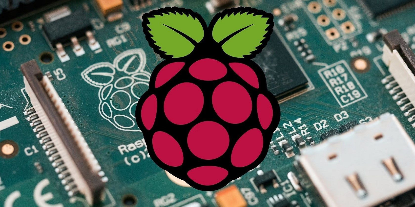 Raspberry Pi OS logo with Raspberry Pi board background