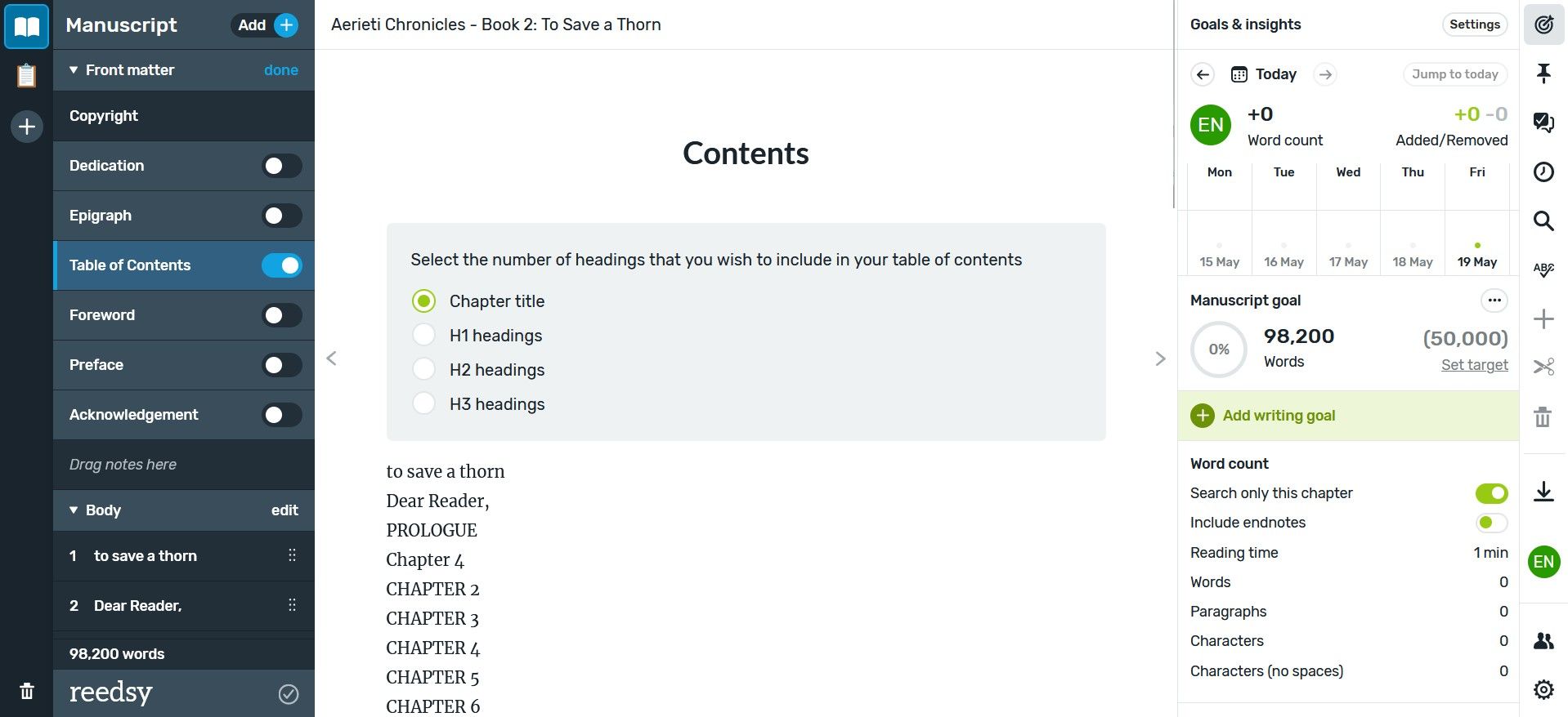 Reedsy Book Editor Dashboard for Book Writing