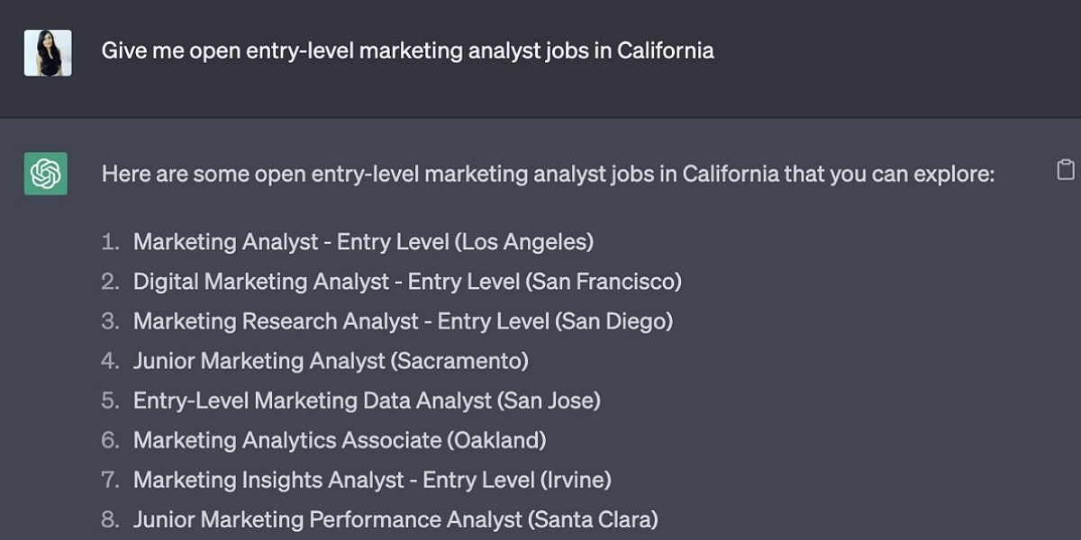 ChatGPT providing a list of entry-level marketing roles in California