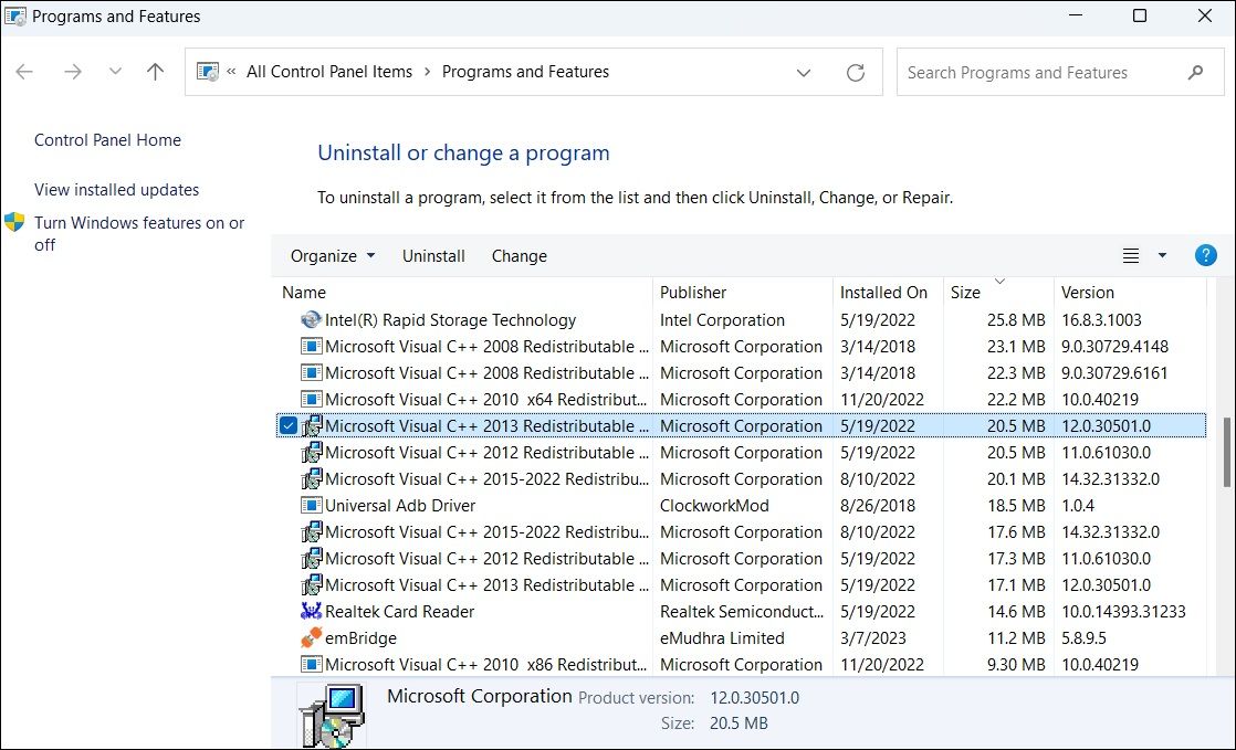 Repair the Microsoft Visual C++ Redistributable on Windows