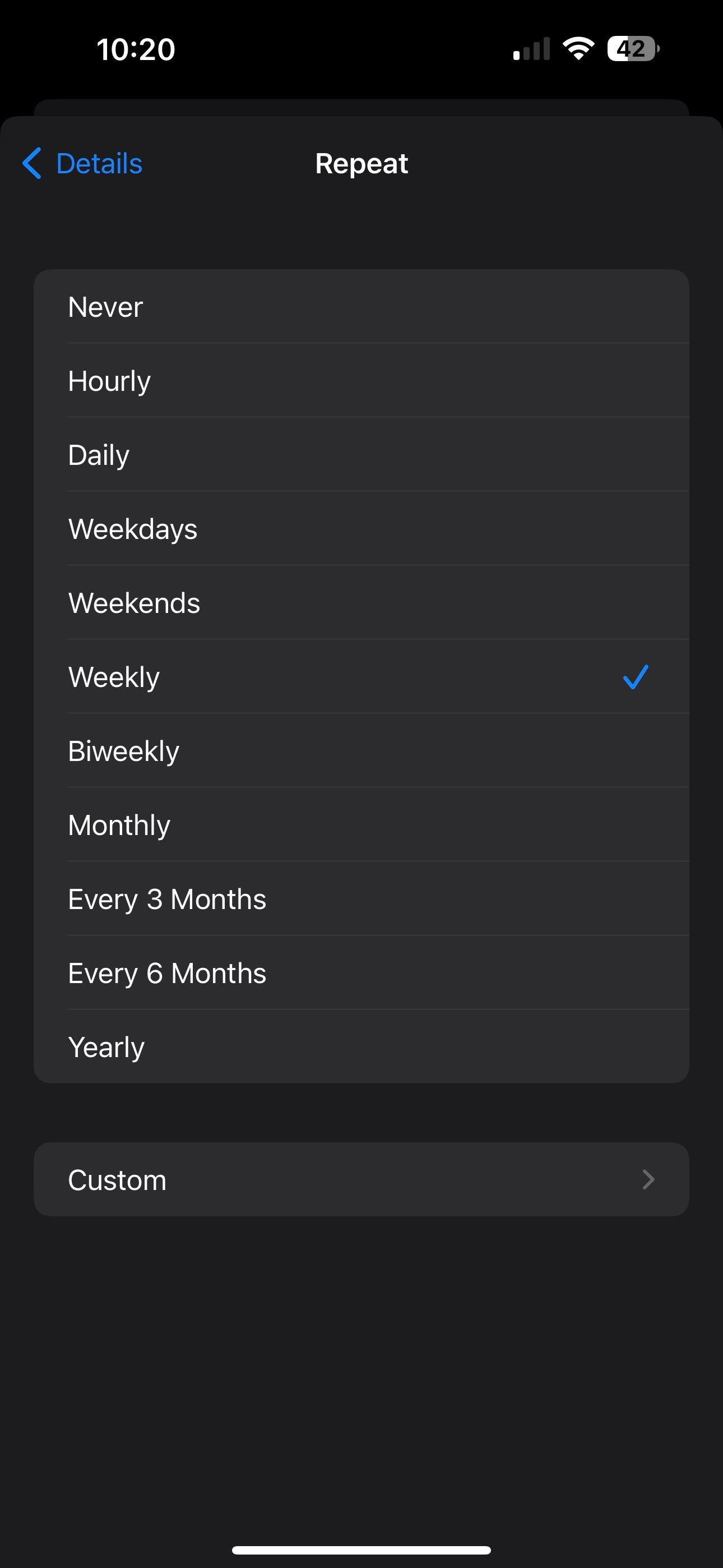 Repeat settings with Weekly selected
