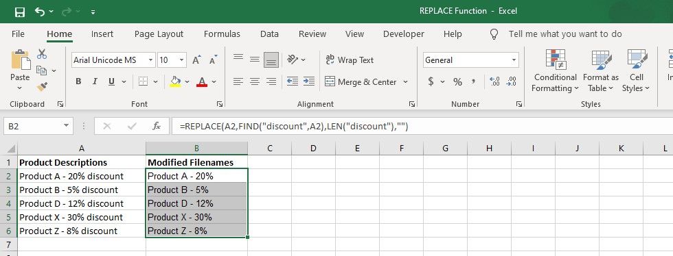 Removing text using REPLACE with LEN and FIND functions in Excel