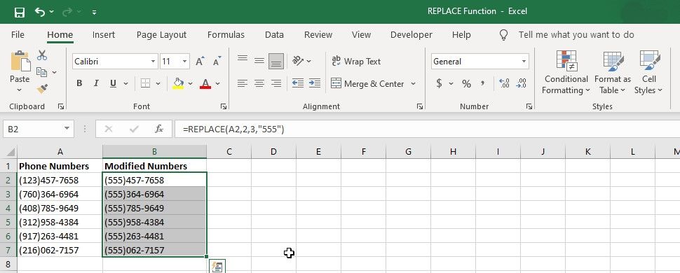 Replacing text in a range of cells using the REPLACE function 