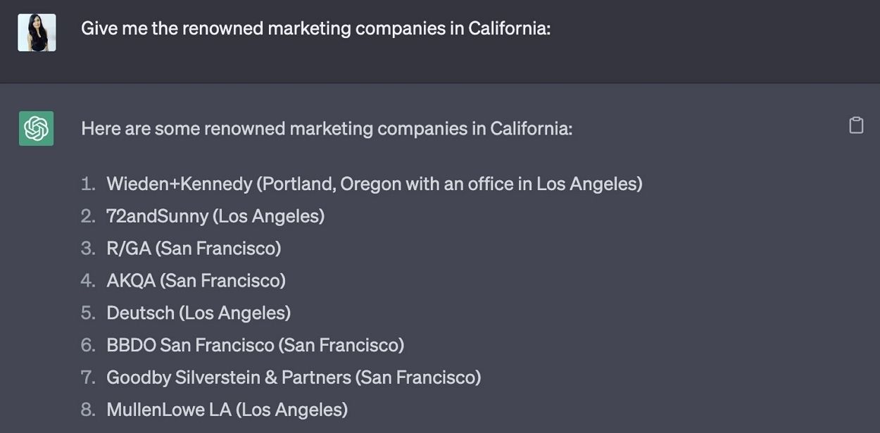 ChatGPT listing renowned marketing companies in California