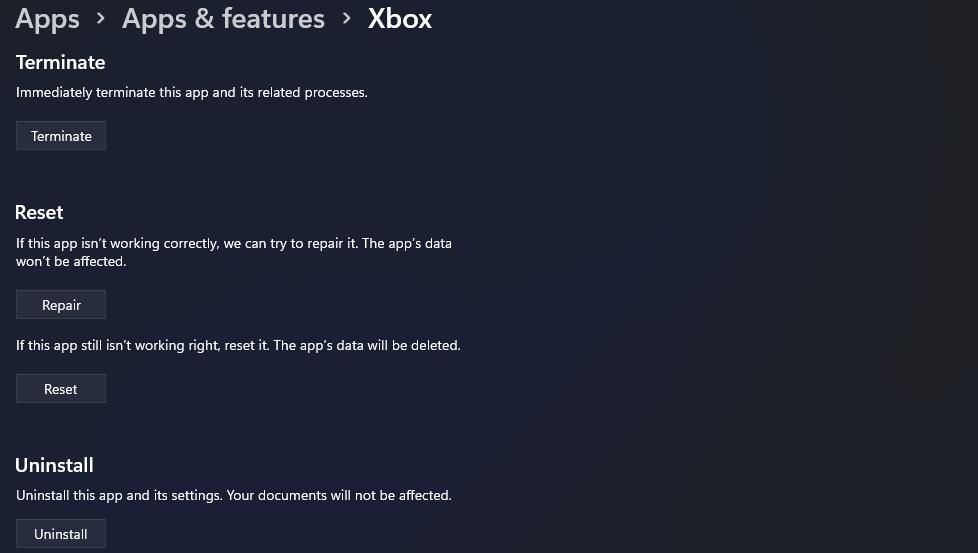 Nút Đặt lại cho ứng dụng Xbox 