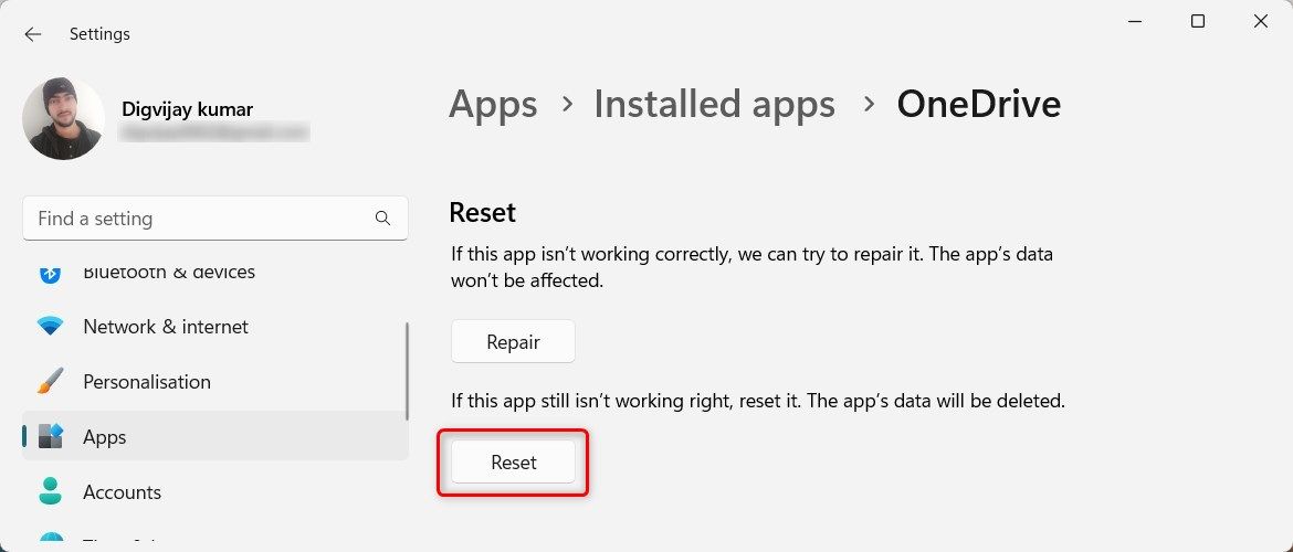 Reset OneDrive app