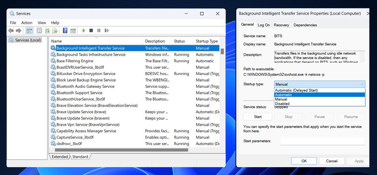 Restart the BITS service in Windows 11