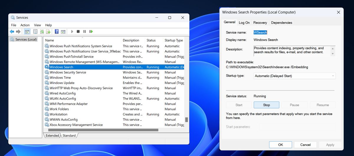 Restart Windows Search service in Windows 11
