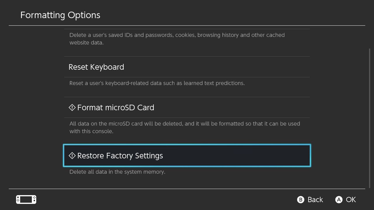 A screenshot of the Formatting Options for a Nintendo Switch with Restore Factory Settings highlighted 