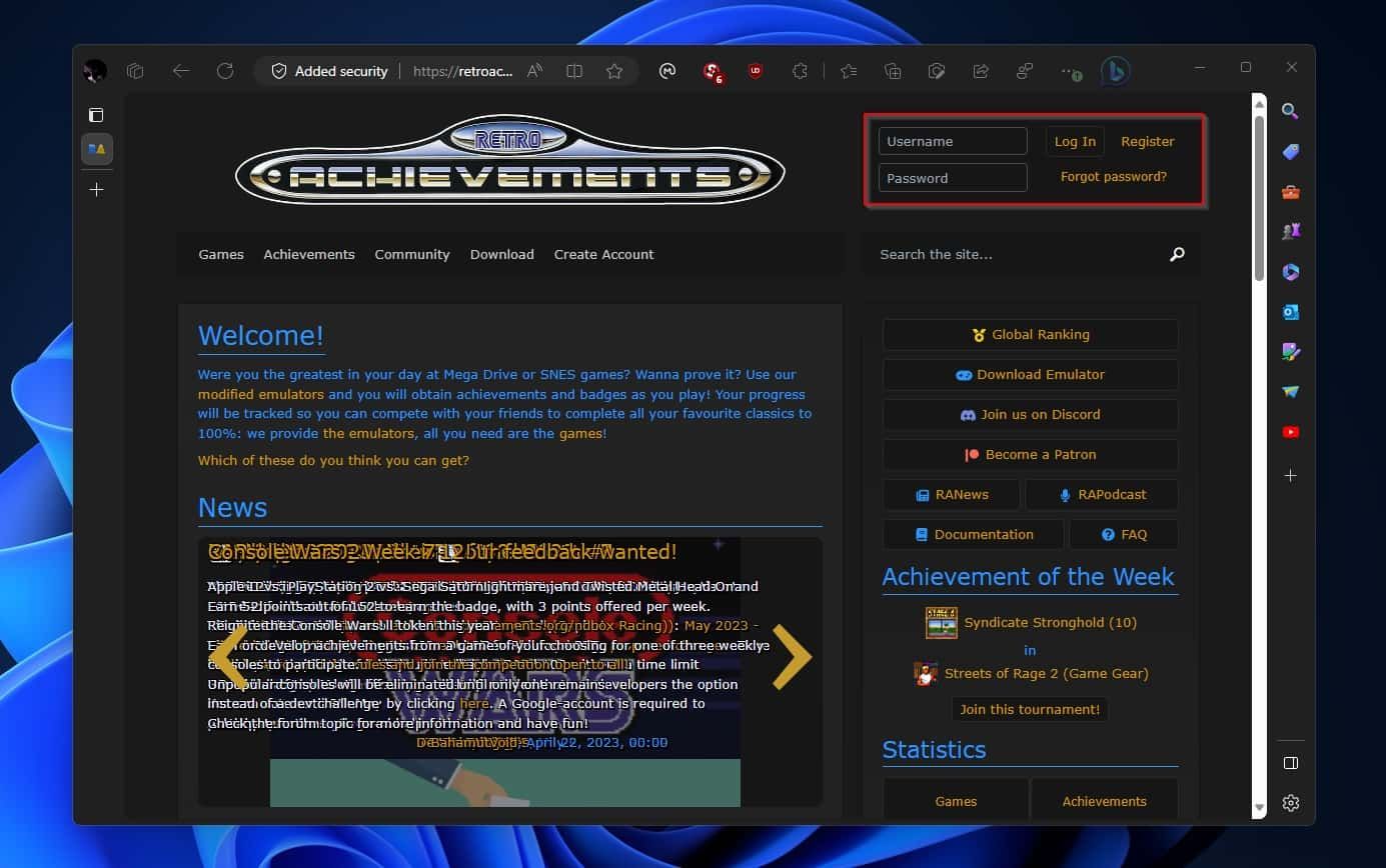RetroAchievements Site Account Fields Highlighted