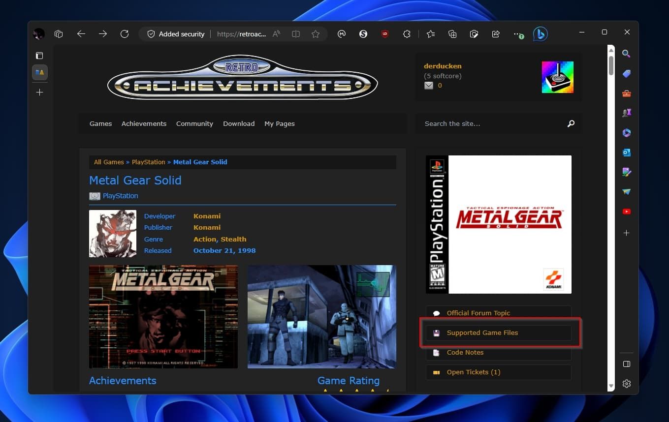 RetroAchievements Site Metal Gear Solid Version Check