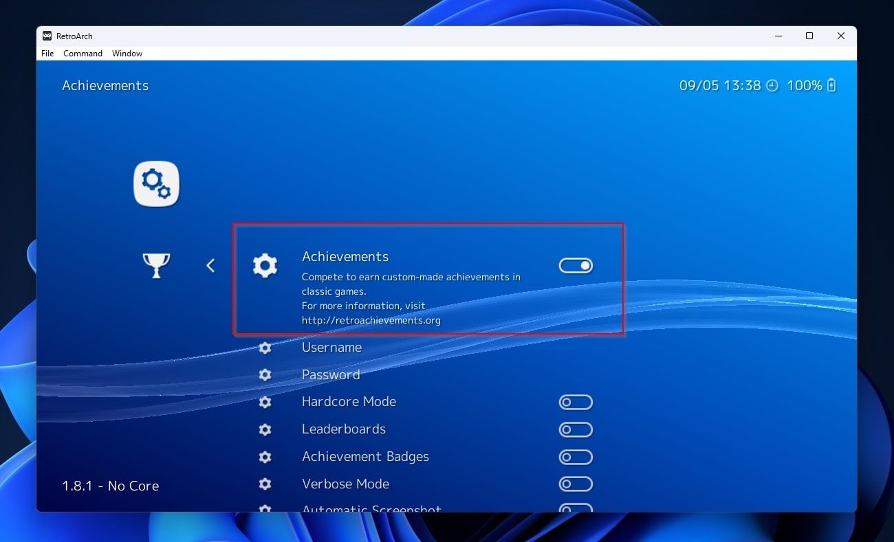 RetroArch Settings Achievements Switched On