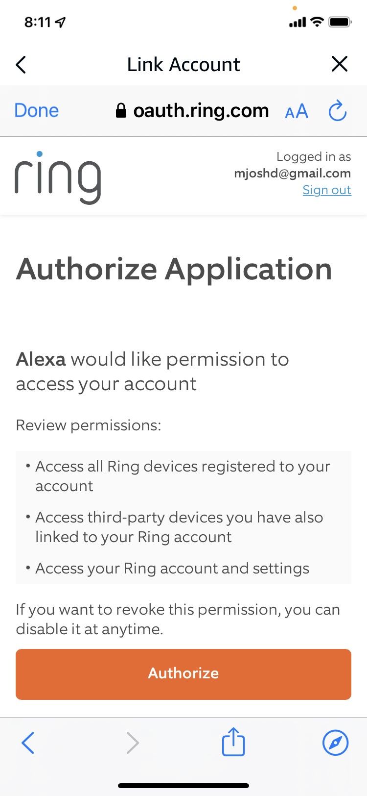 Alexa app screen to authorize access to your Ring account