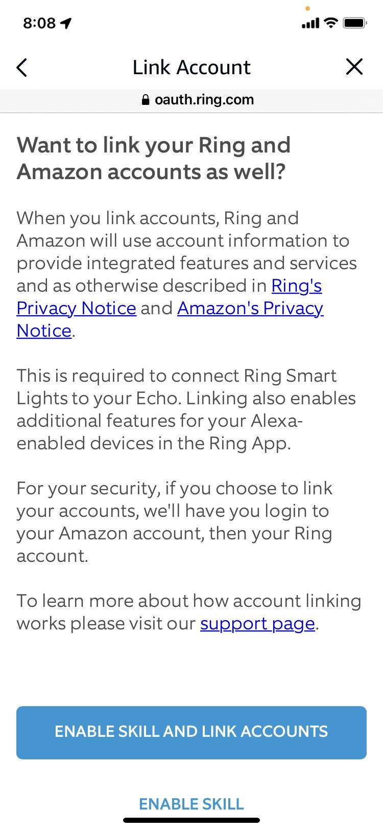 Screen in the Alexa app to conirm the Amazon and Ring account link