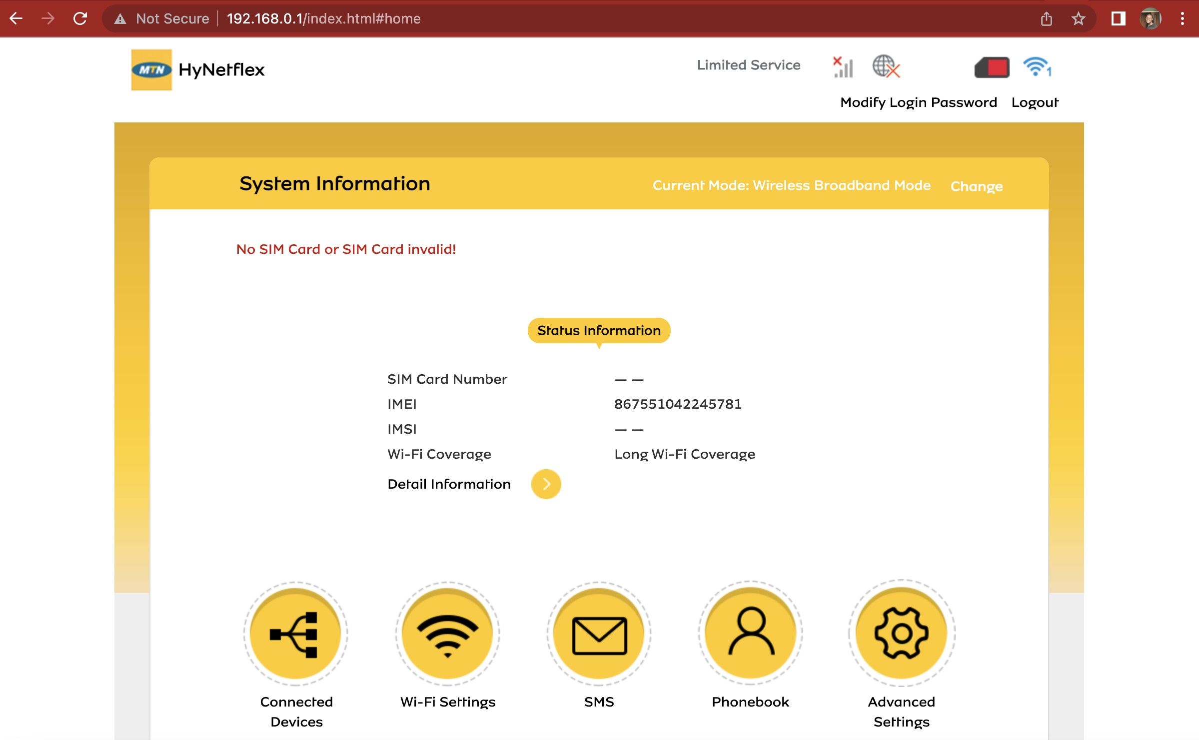 Homepage of an MTN HyNetFlex Router Login Page