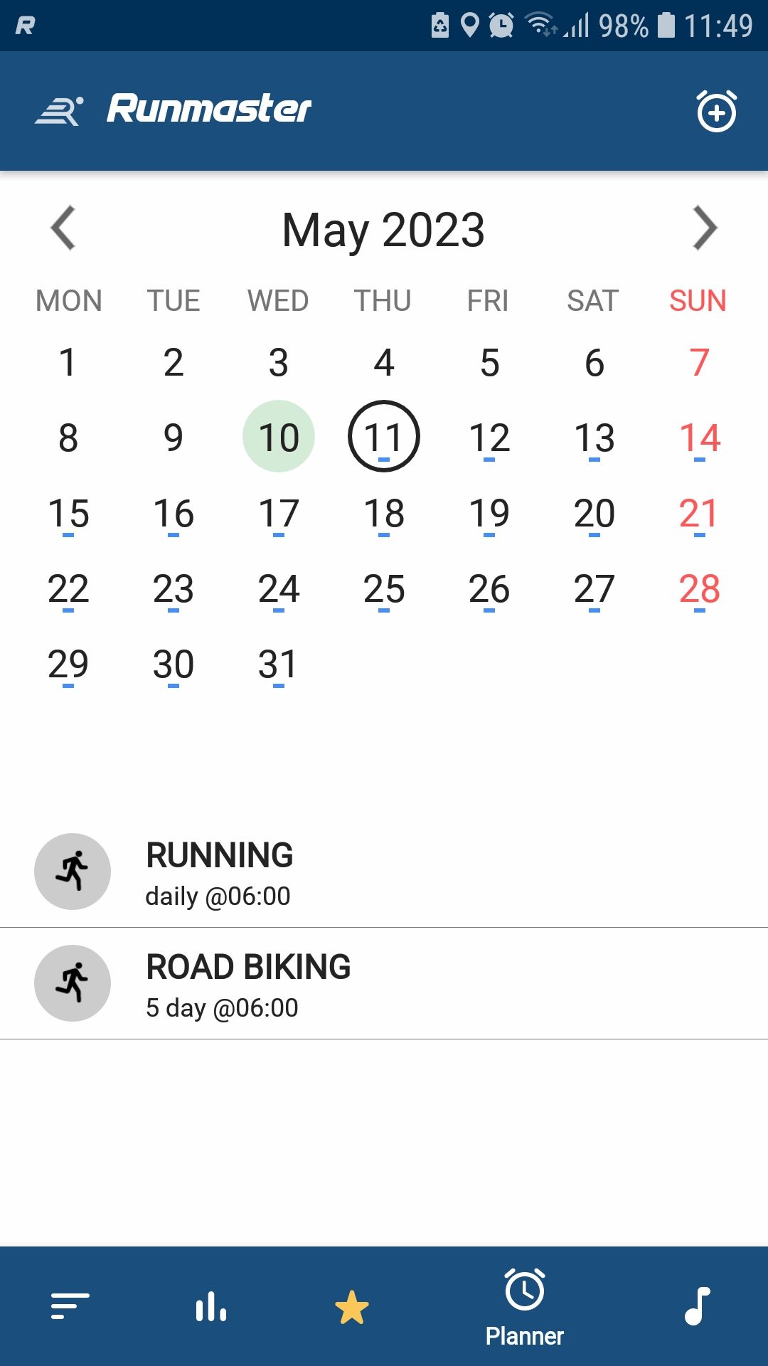 Runmaster activity workout calendar