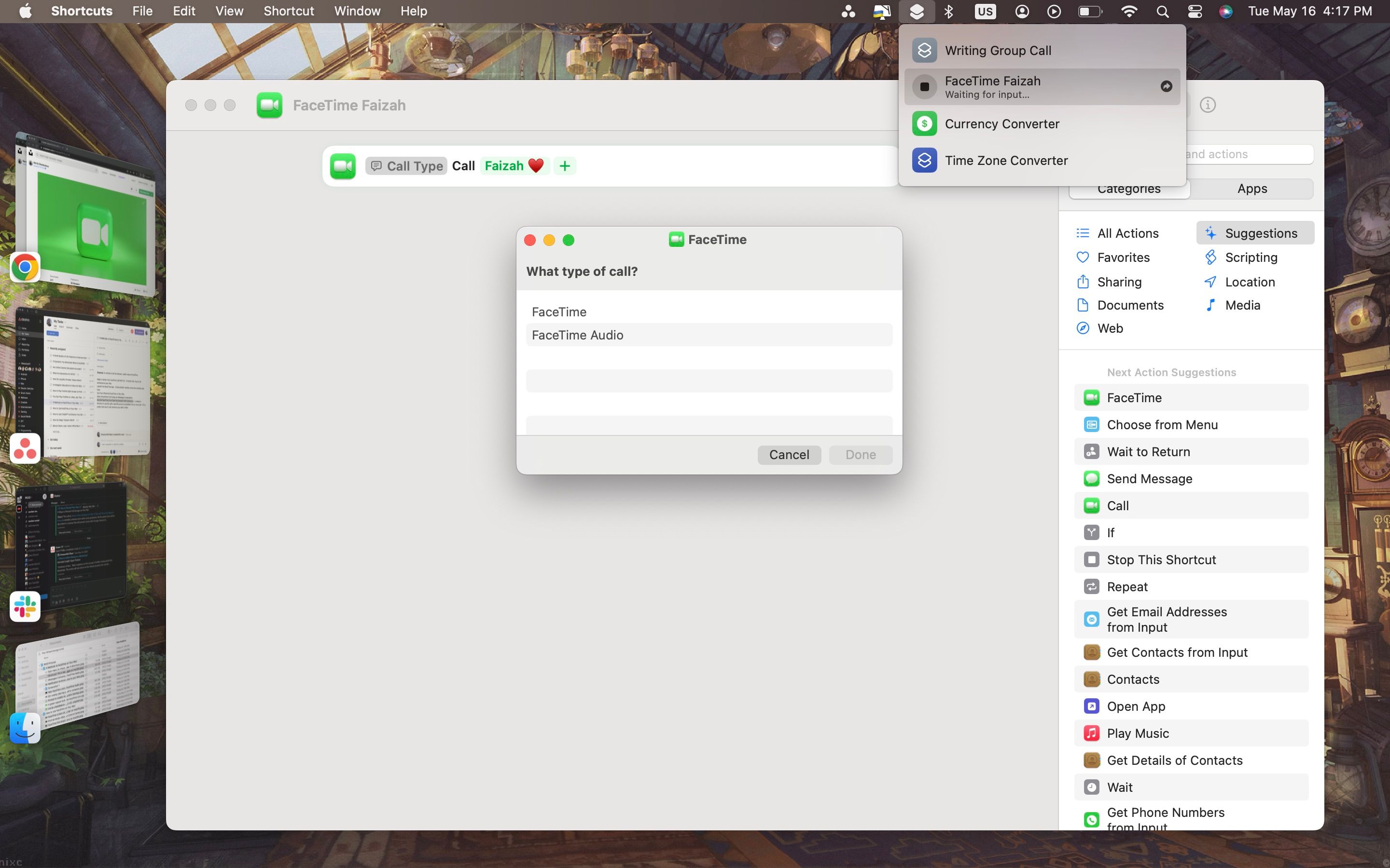 اجرای میانبر FaceTime با باز شدن منوی نوار منوی Shortcut و درخواست FaceTime روی صفحه