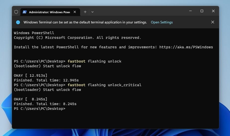 Running the Flashing Unlock Commands in Windows Terminal