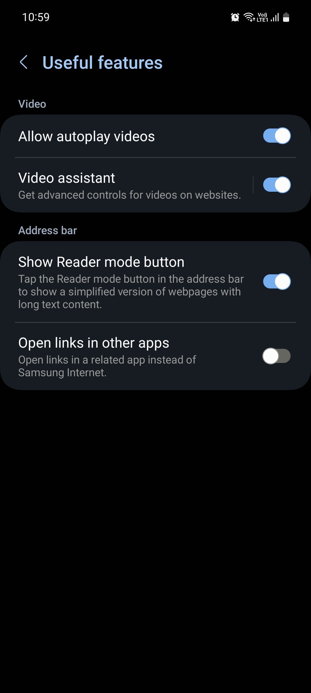 Samsung Internet mobile browser Useful features menu