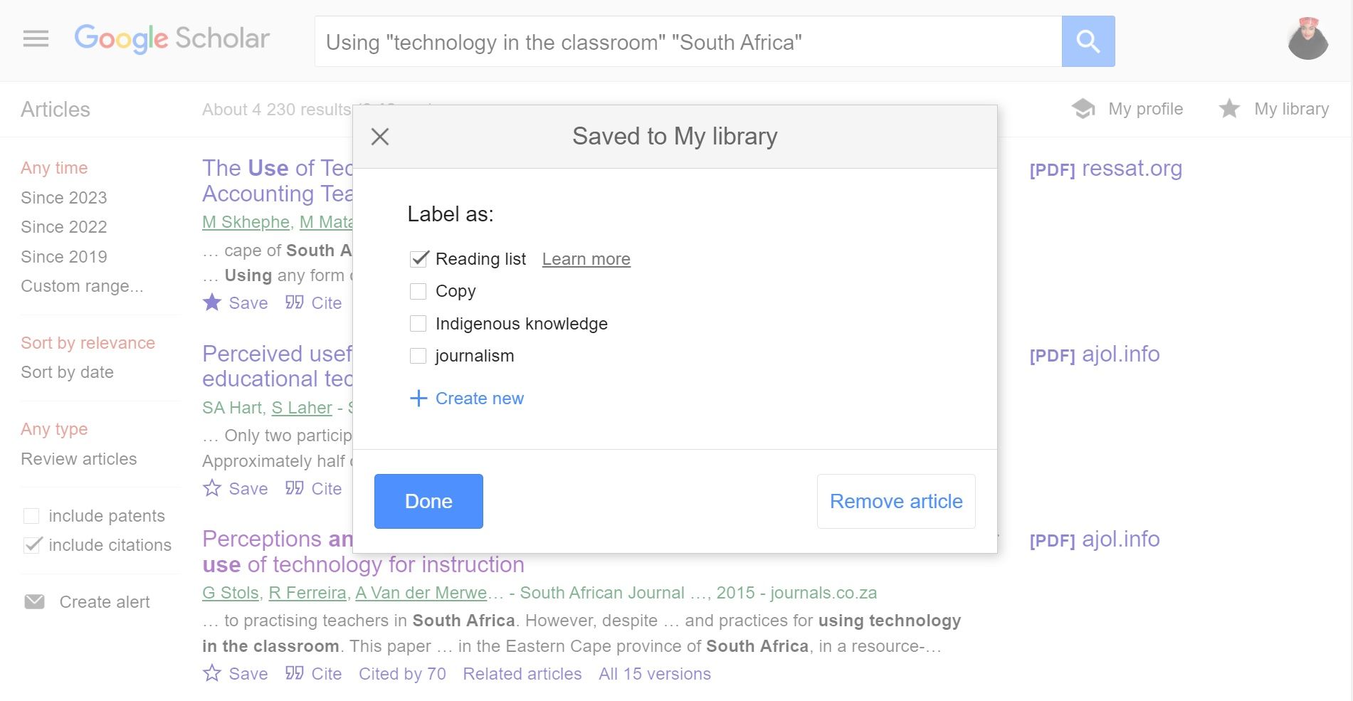 Saving articles in library