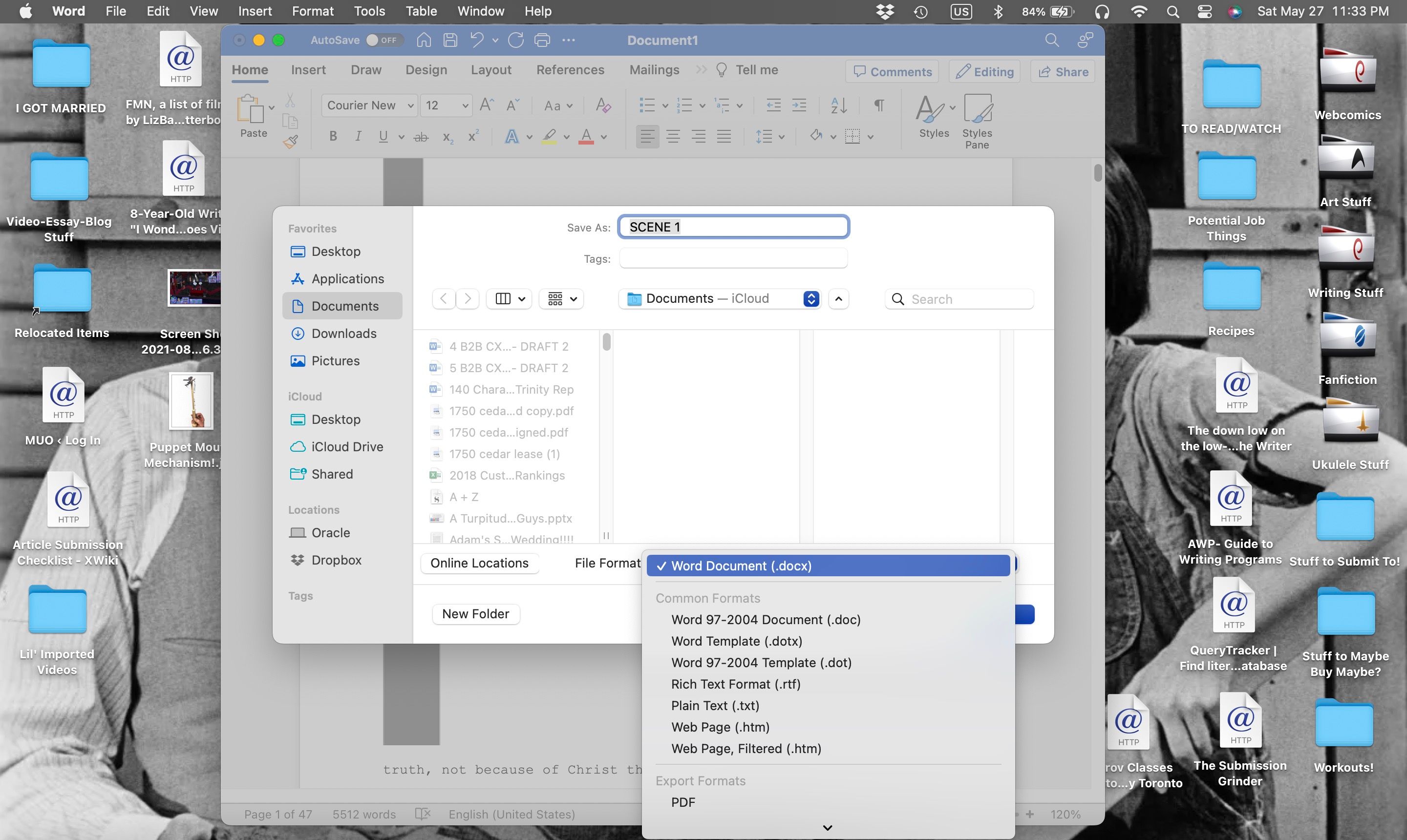 Menu Simpan Sebagai dengan dropdown Format File terbuka di Word untuk Mac