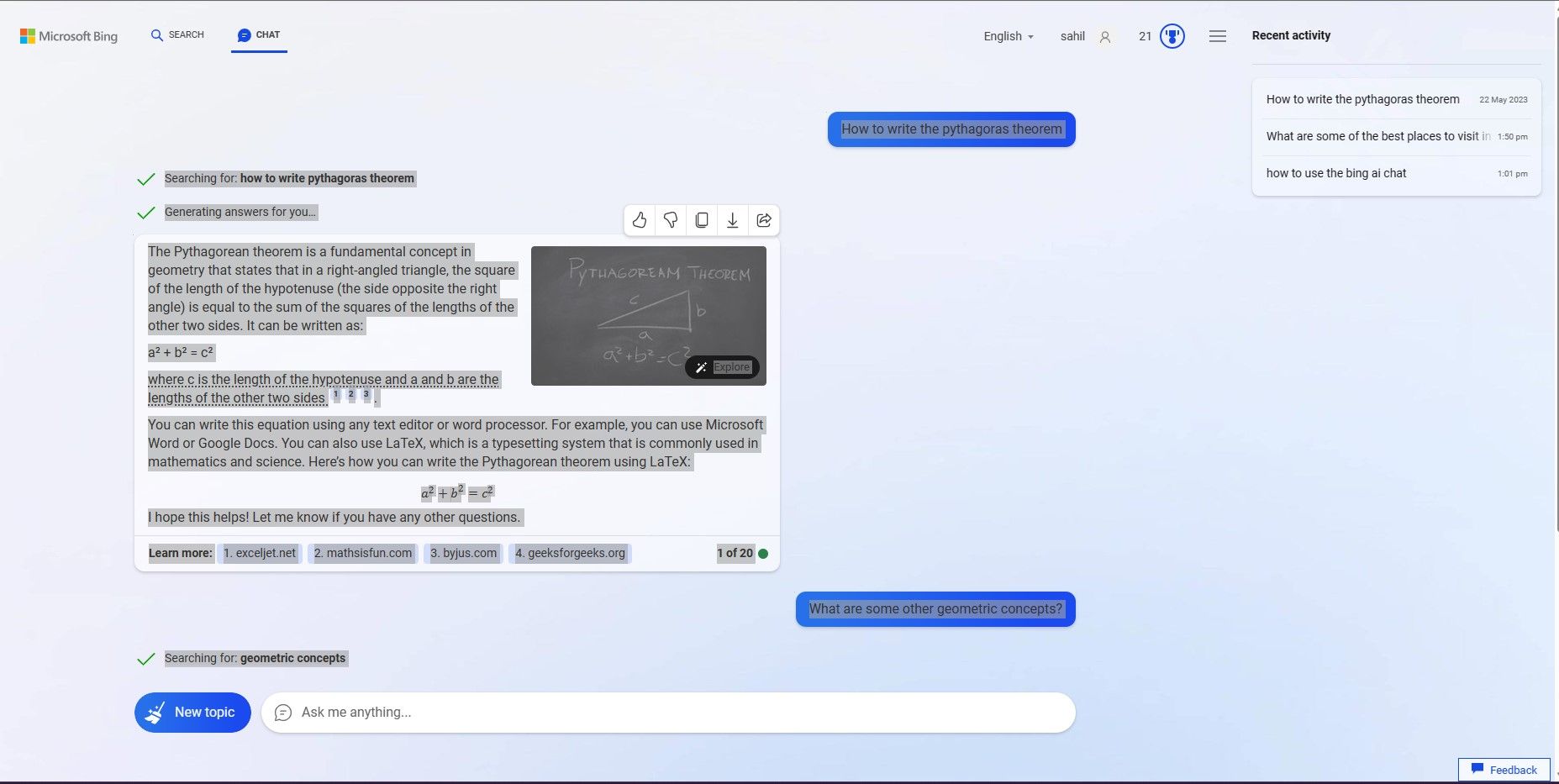 Selected text on Bing's AI chat window