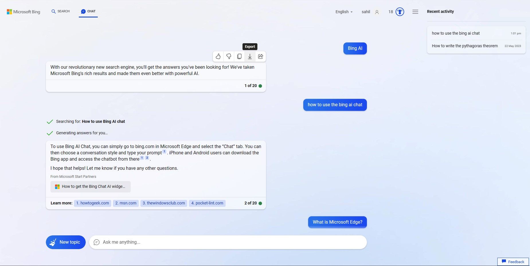 Bing AI Chat website window with conversation snippets