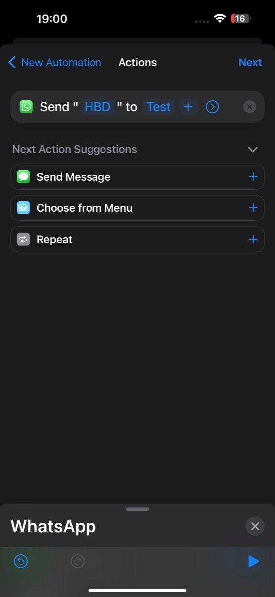Send Message action with message and recipient added