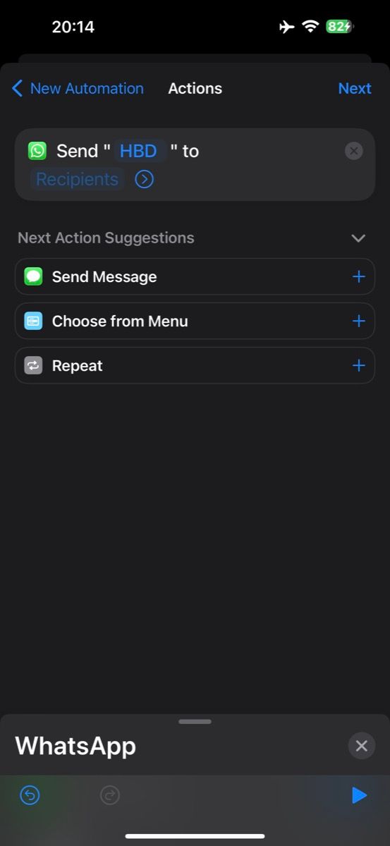 adding message to the Send Message WhatsApp action