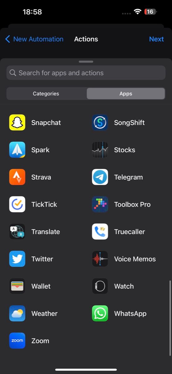 list of apps in Shortcuts