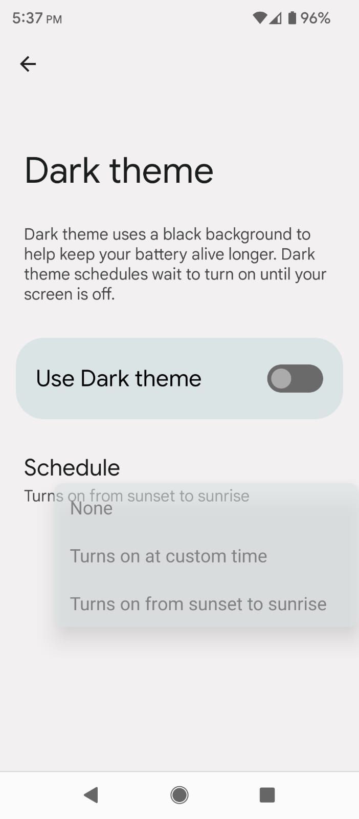 Scheduling the Dark Theme or Mode in the Android Display Settings