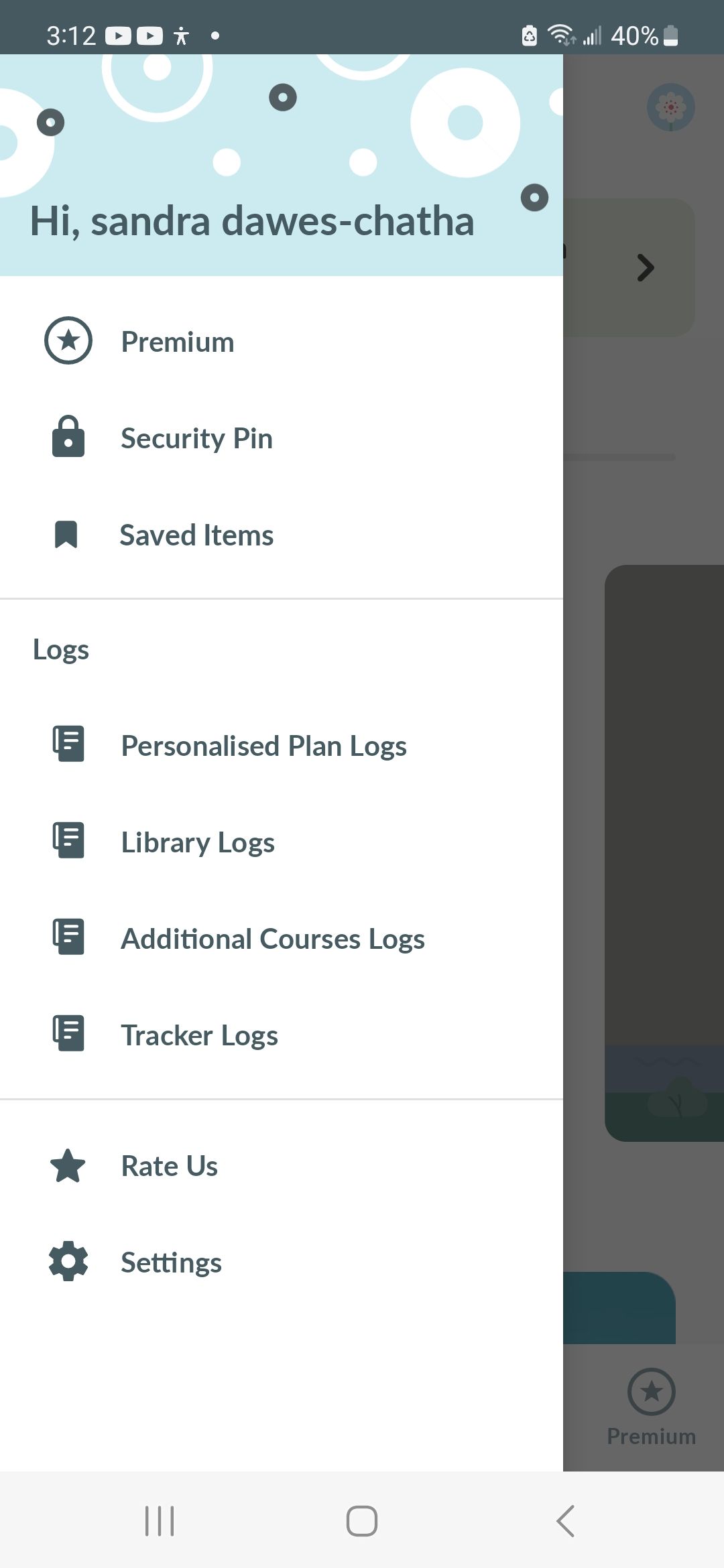 Screenshot of settings options in Amaha (InnerHour) app