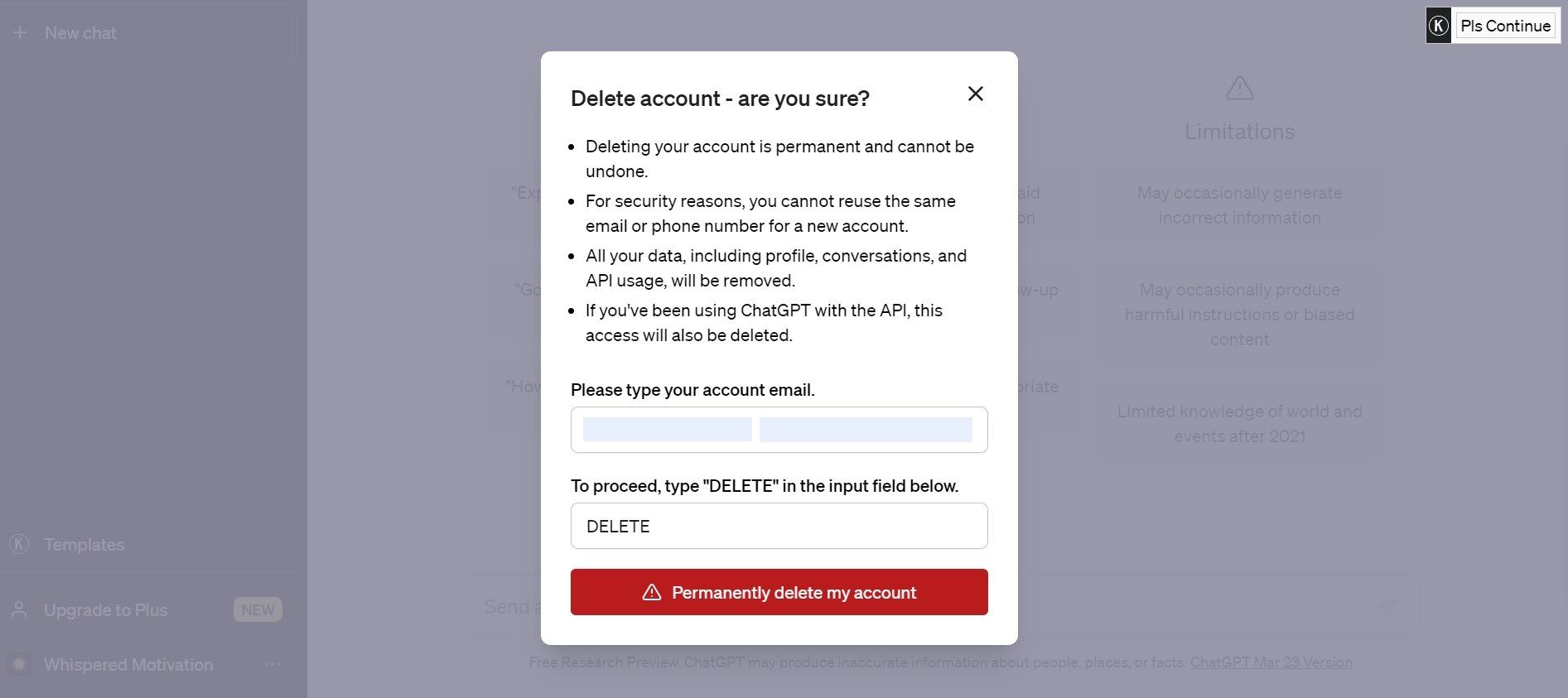 image showing chatgpt delete page